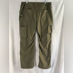 Duluth Trading Co nylon work pants in olive green.